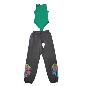 Zenana Green Bodysuit & Rising International Mushroom Joggers 2pc Set Small NWT